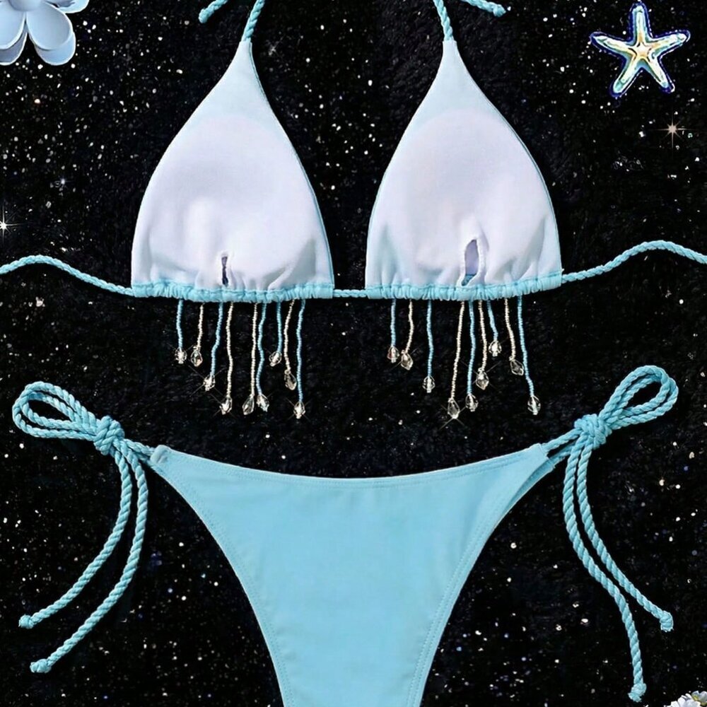Blue Elegant Women's Beaded Starfish Crochet Bikini - Picture 2 of 5